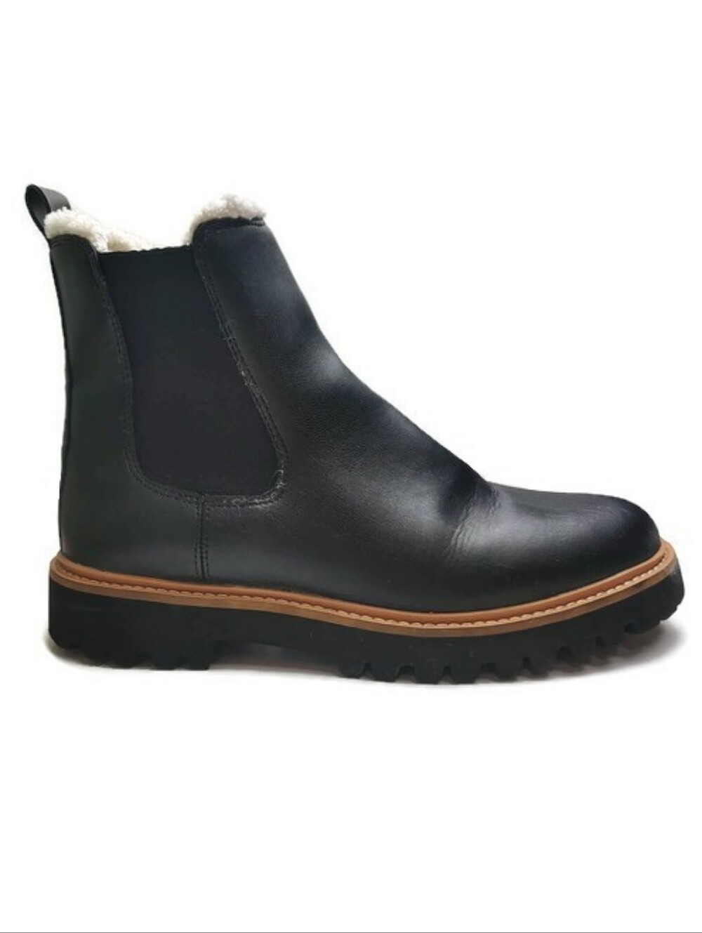 J Crew Lug Sole Black Faux Leather Shearling Collar Chelsea Boots Size 9